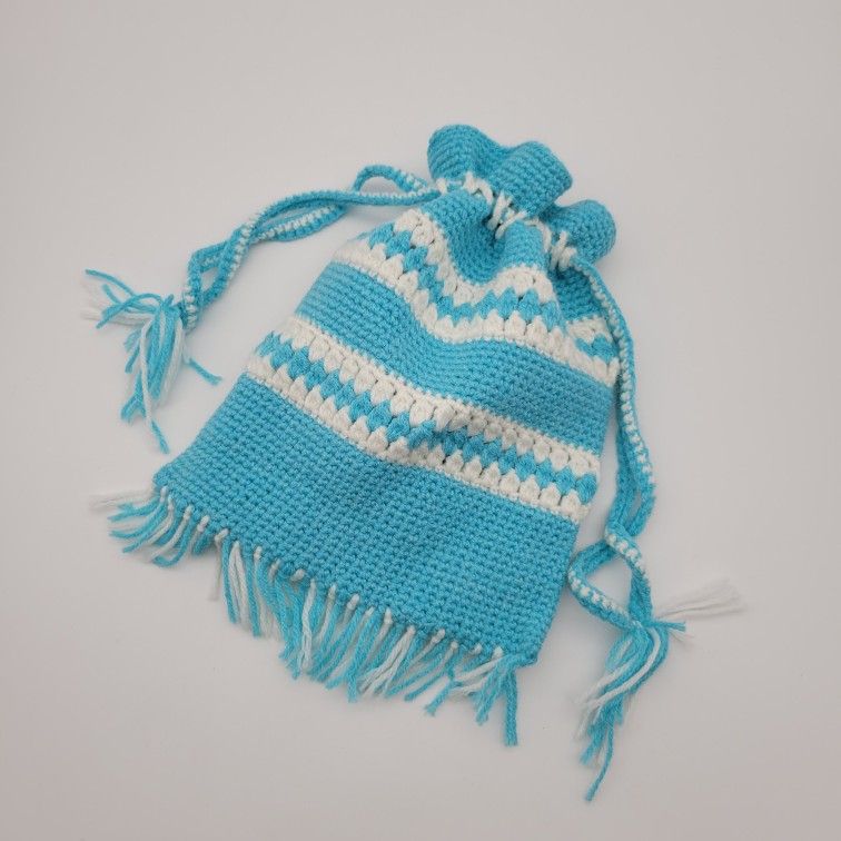 Vintage Fringed Knitted Drawstring Bag In Aqua/Teal Blue And White