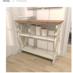 WHITE WOOD SCROLL SIDE FRAMES 2 SHELF LIVING ROOM CONSOLE TABLE WITH BROWN WOOD TOP, 38" X 15" X 32"