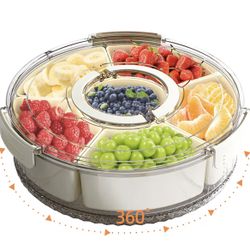 Tray with Lid and Handle, Stackable Snackle Box Container for Fruits Candy Organizer, Portable Spinning Rounded Veggie Tray for 