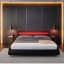 Upholstered QUEEN LED Bed Frame with Headboard, Modern Low Profile Platform Bed Black W-65