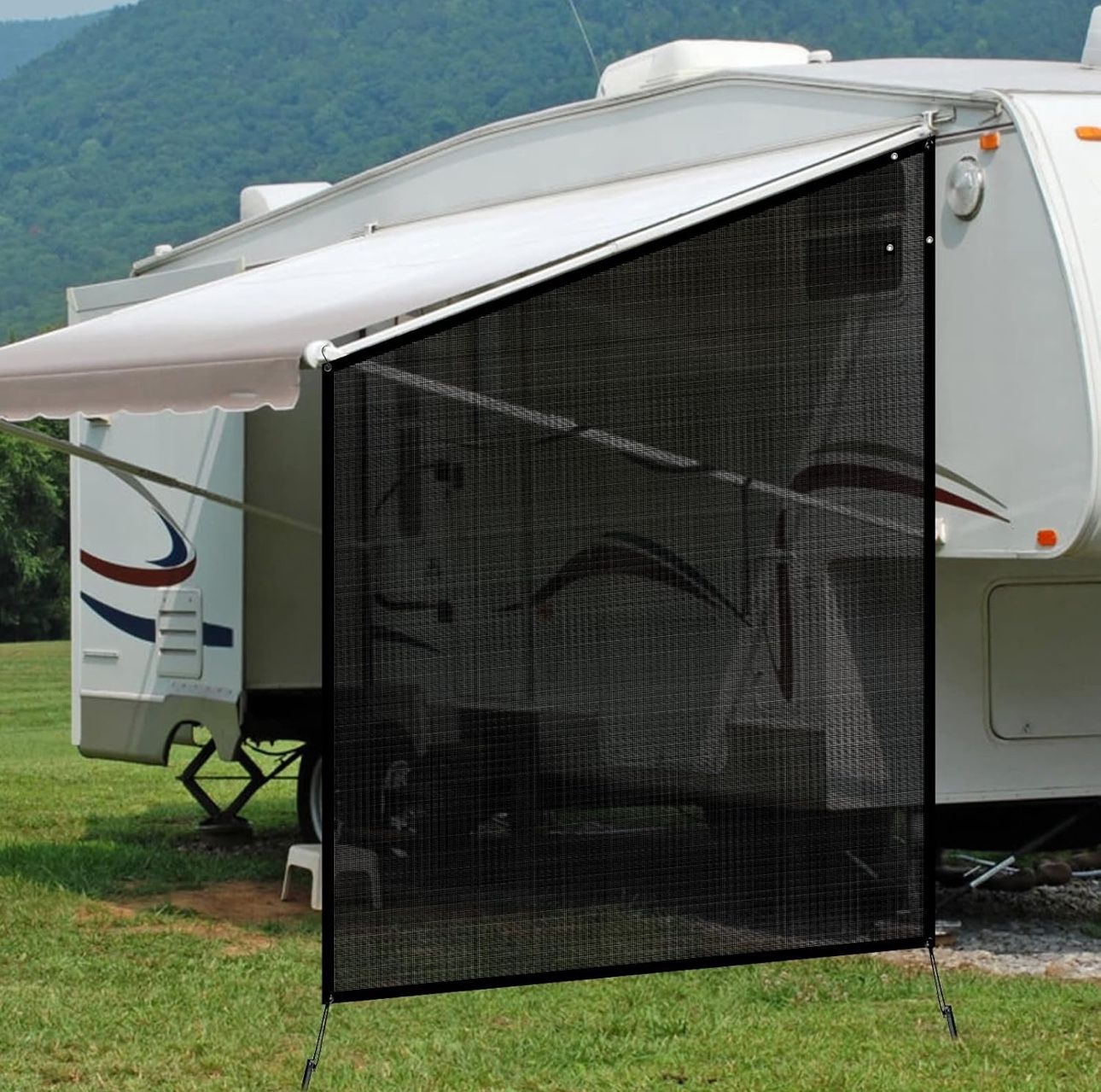 RV Awning Side Shade, 9'X7' RV Awning Side Shade Screen, Camper Sunshade Complete Kits Motorhome Trailer UV Blocker, Black