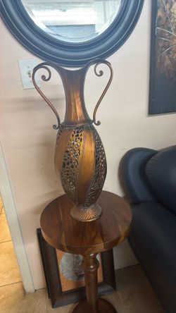Cooper finish, aluminum deco vase, ornate scroll handles, pattern