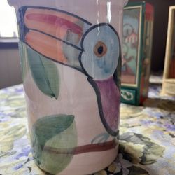 Italian Hand-Painted & Signed Toucan Ceramic Vessel | Vintage Studio Art