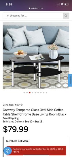New Tempered Glass Oval Side Coffee Table Shelf Chrome Base Living Room Black