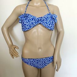 NWT GAP BODY Bikini Swimsuit Blue Circles Scrunch Hipsters Halter Ruffle Top S