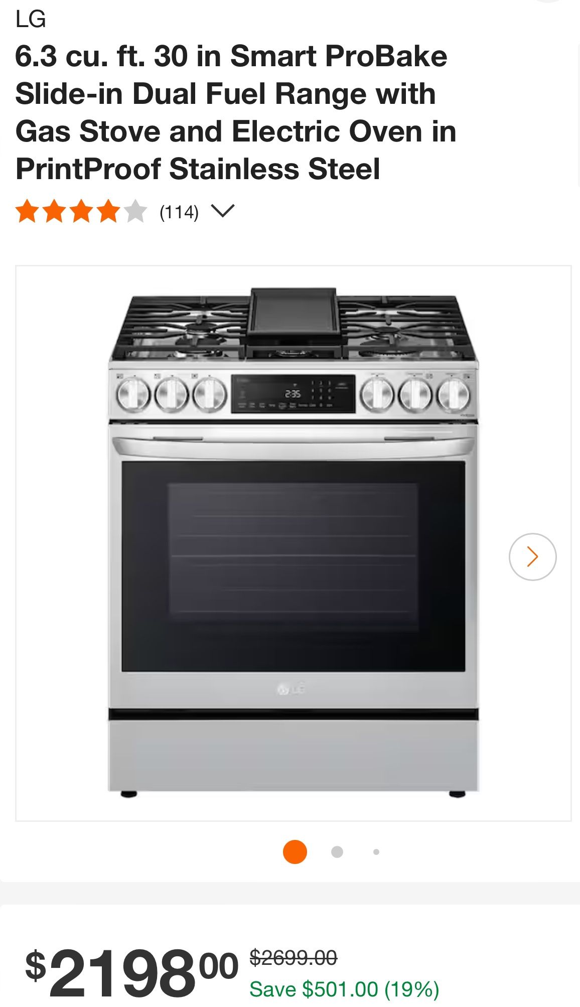 Slide In  Range : Gas Cook Top & Electric Oven  WAS$2699 NOW$1,399