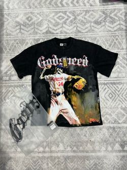 Godspeed black cotton t-shirt with graphic of a baseball player