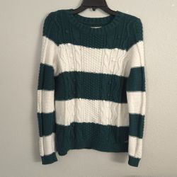 Hollister Green White Stripe Cable Knit Crewneck Pullover Sweater Women Cozy