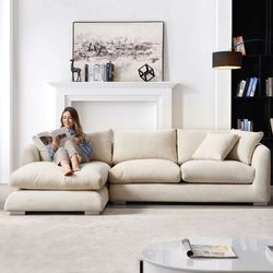 Brand New Off White Light Beige Feathers Sectional Size 110 Extra Plush Linen Like Fabric