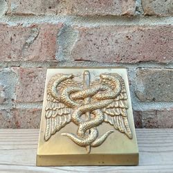 Vintage PM Craftsman Brass Caduceus Bookend 