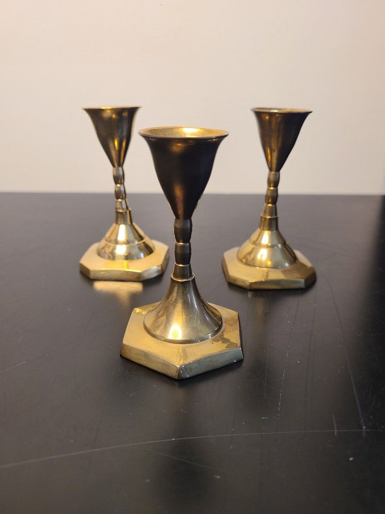 3 Small Vintage Brass Candle Holders