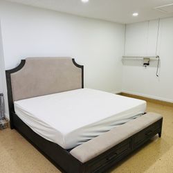 King Size Bed Frame with Upholstered Headboard & Storage Bench