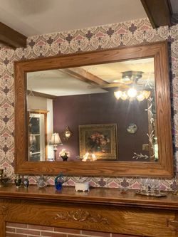 Large Oak Wood Framed Etched Wall Mantel / Bar Mirror $100 OBO!