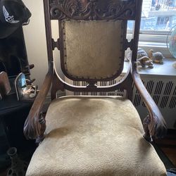Antique Lions Head Armed Chair Upholstered