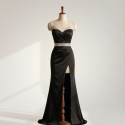 Satin black maxi dress with side slit sizeXL