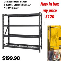 The Member’s Mark High Strength Steel 4-Level Rack new in box Size: 77" W x 24" D x 72" H-Heavy-Duty Capacity: 10,000 lb total Per Shelf: Holds up to