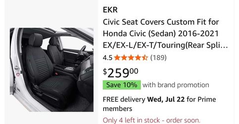 EKR Civic Seat Covers Custom Fit for Honda Civic (Sedan) 2016-2021 EX/EX-L/EX-T/Touring(Rear Split W/Armrest),Waterproof Leather Car Seat Cover Full S
