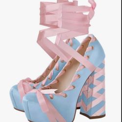 Platform Ankle Strap Lace-up Chunky Heel Ribbon Pumps