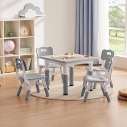 Kids Study Table and Chairs Set, Height Adjustable Toddler Table and Chair Set for Kids Ages 3-8, 23.6" L x 23.6" W Graffiti Desktop Plastic Children