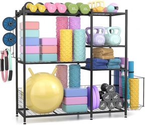 O581 $65 Large Home Gym Storage for Dumbbells Kettlebells Yoga Mat and Balls, Size adjustable Dumbbell Rack, All in One Workout Storage with Hooks, W