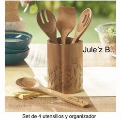 Juego De 4 Utensilios Y Organizador De Madera Nuevos En Su Caja 