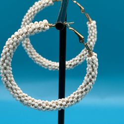 Large White Seed Bead Hoop Earrings 2 1/2” Diameter Sturdy Design Good Condition 