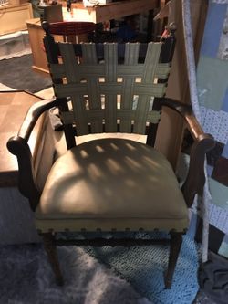 Two of these nice vintage yellow pleather and dark wood chairs