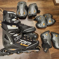 Roller Blades, Men's Size 10 Inline Skates Set,  (Roller Derby) w/ Full Safety Pads