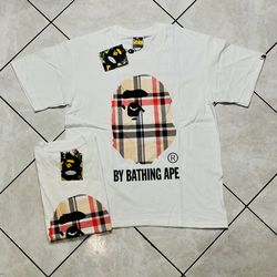 Brand new a bathing ape plaid (Burberry) tshirt size : S-M-L includes tags and bag