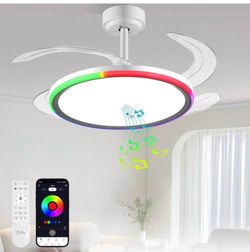 Slim RGB Retractable Ceiling Fan with Light and APP/Remote Control, 42inch Modern Smart Ceiling Fan with Bluetooth Speaker, Dimmable Full Spectrum wit