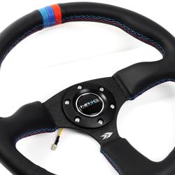 NRG 350MM Black Leather Grip 6-Hole Black Spoke Racing Deep Dish Steering Wheel -(3-SW-NRG-RST-023MB-R-M3
