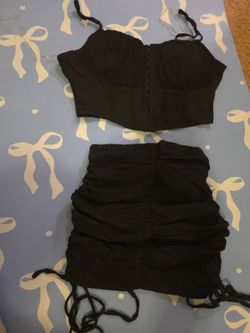 Black Ruched Two-Piece Crop Top and Skirt Set