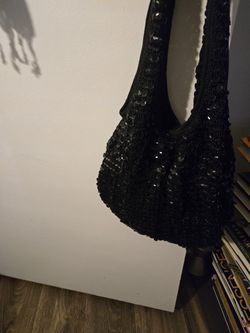 Black Sequence Covered Crochet Shoulder  Sack Bag/ Hobo Style Sand Bag.