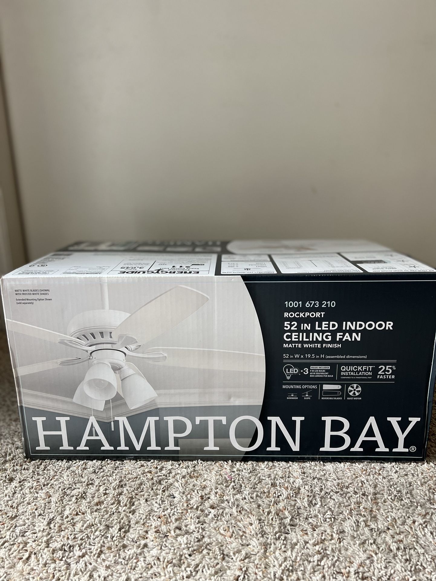 Hampton Bay Rockport Indoor 52” Ceiling Fan (White) NIB