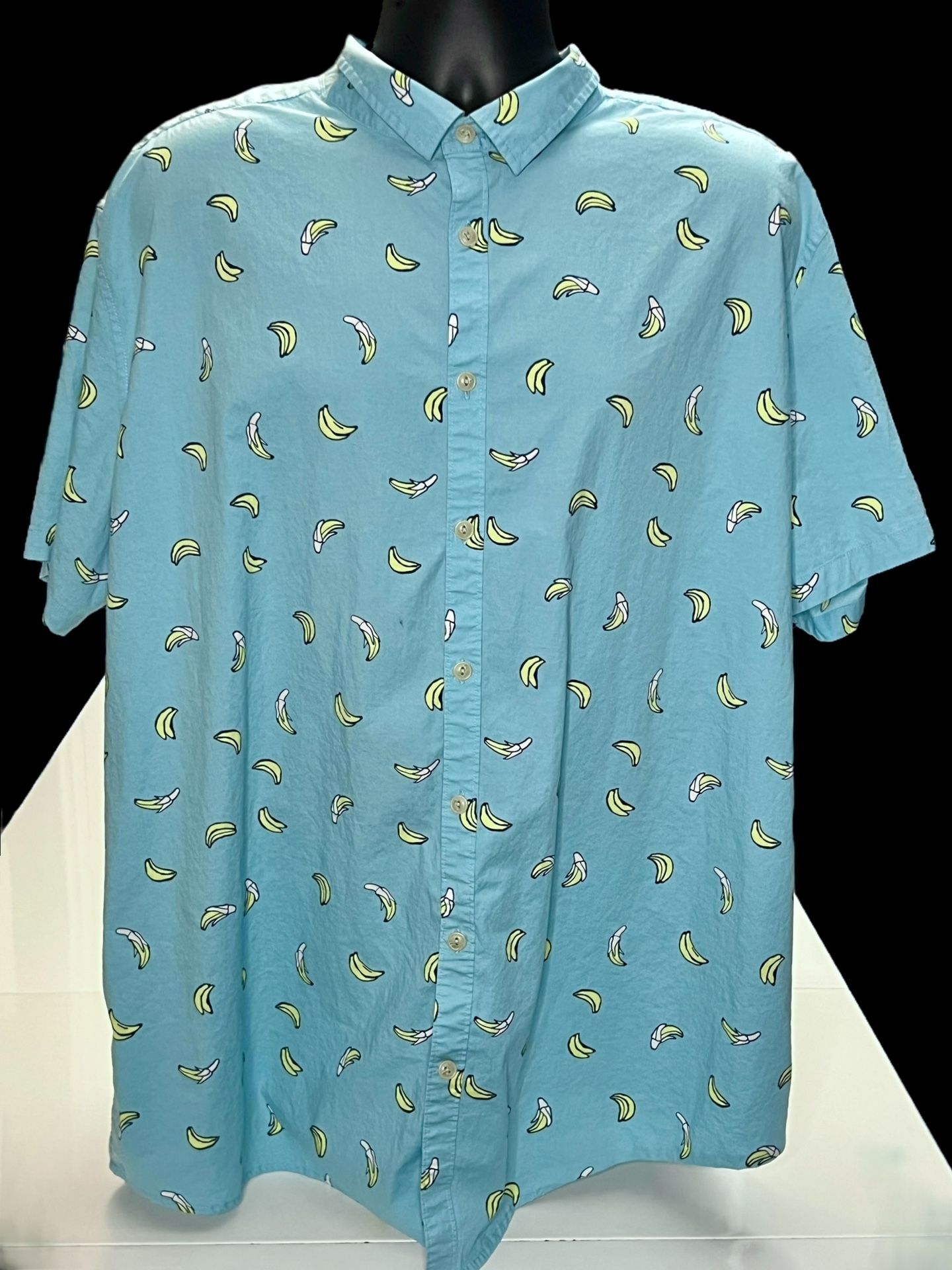 George Banana Print Shirt Mens 3XL Slim Fit Blue Short Sleeve Fun Summer Vacatio