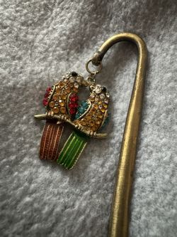 Vintage Shepherd Hook Gold Tone Bookmark w/Jeweled & Enamel Parrots 
