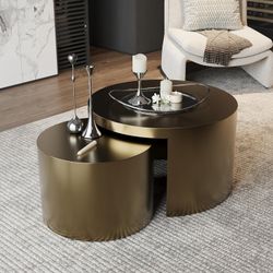 Nesting Coffee Table, Gold-Brushed Textured Coffee Table for Living Room, Brass Coffee Tables 2 in 1
