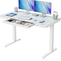 Electric Standing Desk with Drawers, 48 inch Whole-Piece Glass Desktop, Sit Stand Ergonomic Workstation 