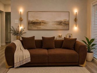Brown Fabric Sofa with Gold Legs