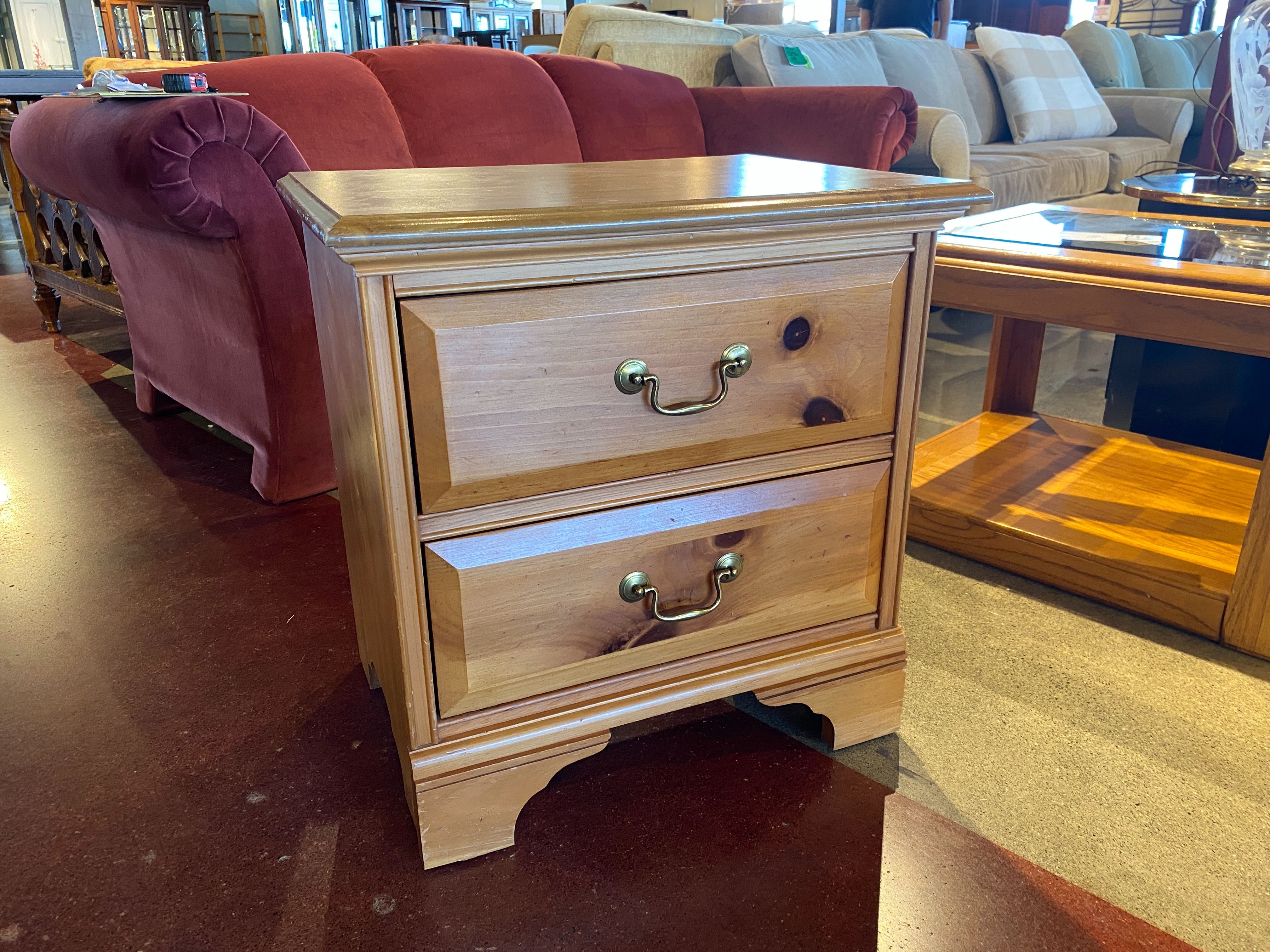 Two Drawer Pine Nightstand with Brass Hardware