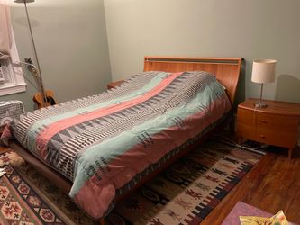 Mid modern wood platform sleigh bed frame and 2 night stands