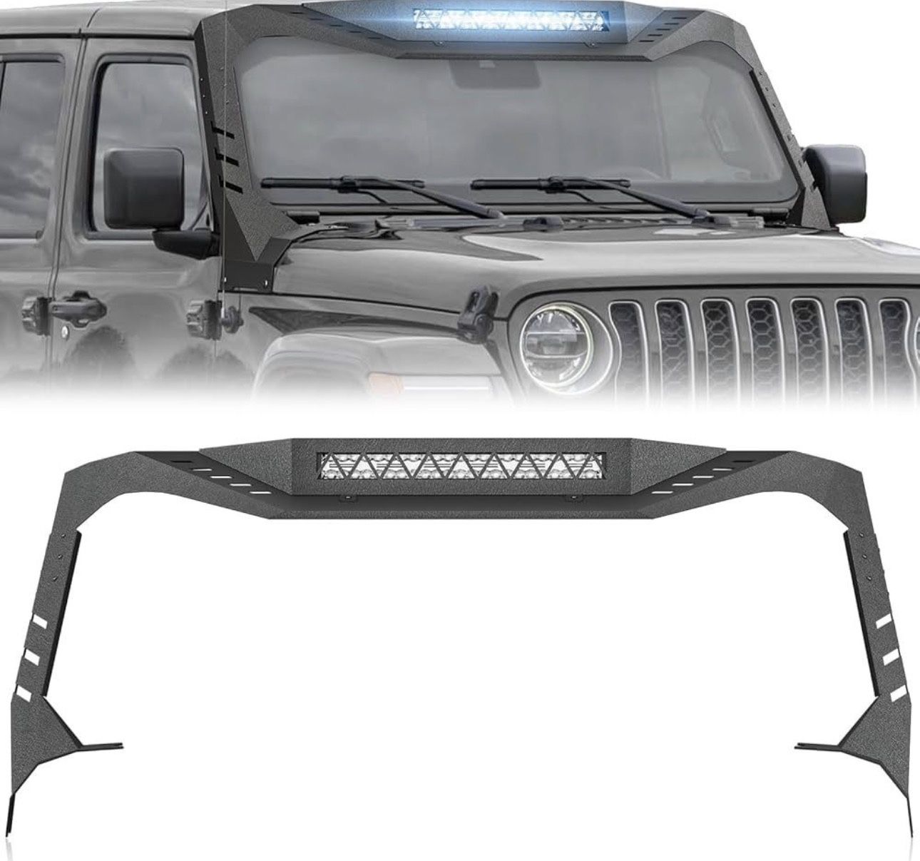 Yzona JT JL Madmax Windshield Frame Cover for Roof, Sun Visor, Armor with LED Light Bar, Compatible with Jeep Gladiator JT and Wrangler JL JLU 2018-20