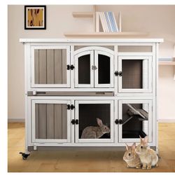 Petscosset Indoor Wooden Two-Story Rabbit Hutch with Wheels, Gray, 47-in