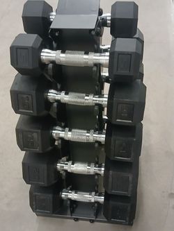Rubber Hex Dumbbell Set with Rack 5-25lb$140firm