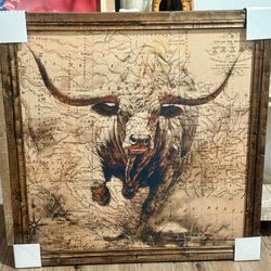 Charge Of The Republic , Longhorn On A Texas Map 38.5” X 38.5” 