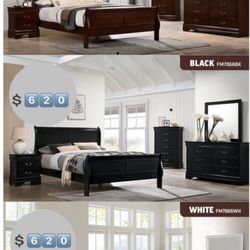 Transitional Style New Wooden Bed.  4-pc Sale.  In Black, White, Cherry. 