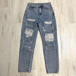 High Waisted Blue Light Wash Straight Leg Ripped Distressed Mom Jeans
