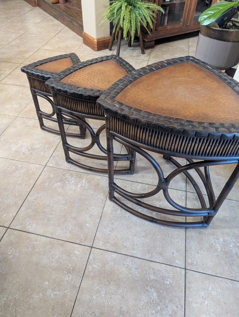 Set Three Vintage Bamboo Rattan Leather Faux Ostrich Nesting Tables ~ French Country