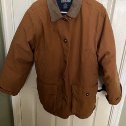 Gently Worn Ladies Size Large Lands End Brown Barn Coat with Leather Collar and Quilt Lined