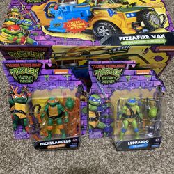 Teenage Mutant Ninja Turtles-TMNT-Mutant Mayhem Pizza Van + Action Figures Bundle